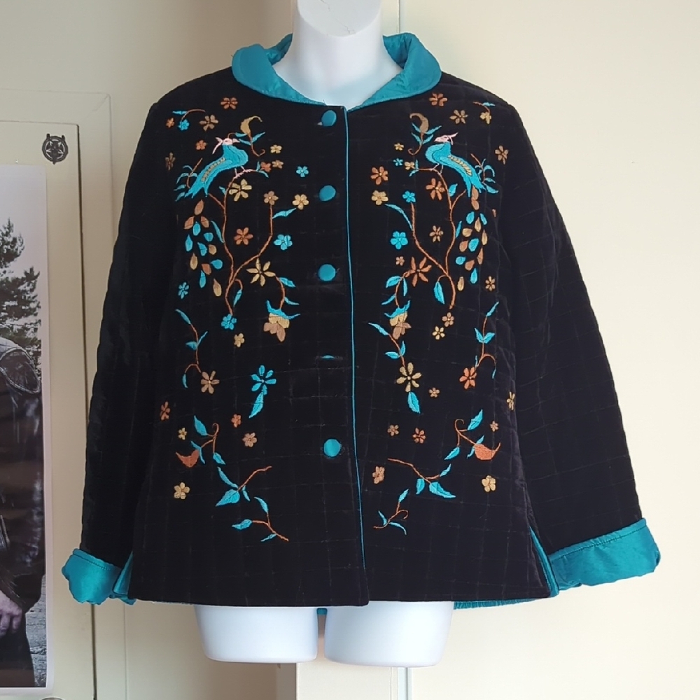 Vintage Handmade Embroidered Black Jacket with Teal Accents